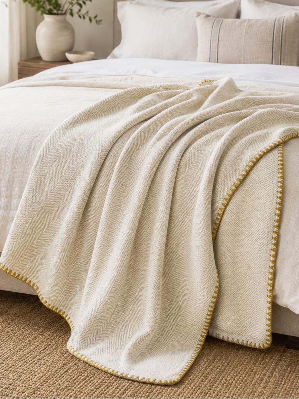 NWT Herringbone Blanket By Haven & Earth | 100% Acrylic Mustard Gold & Cream